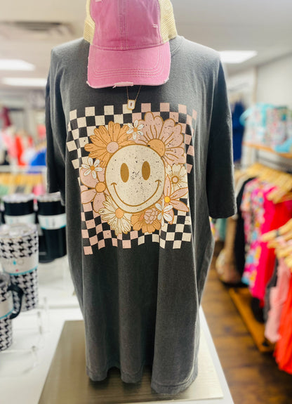 Comfort Colors Checker Floral Smiley Tee