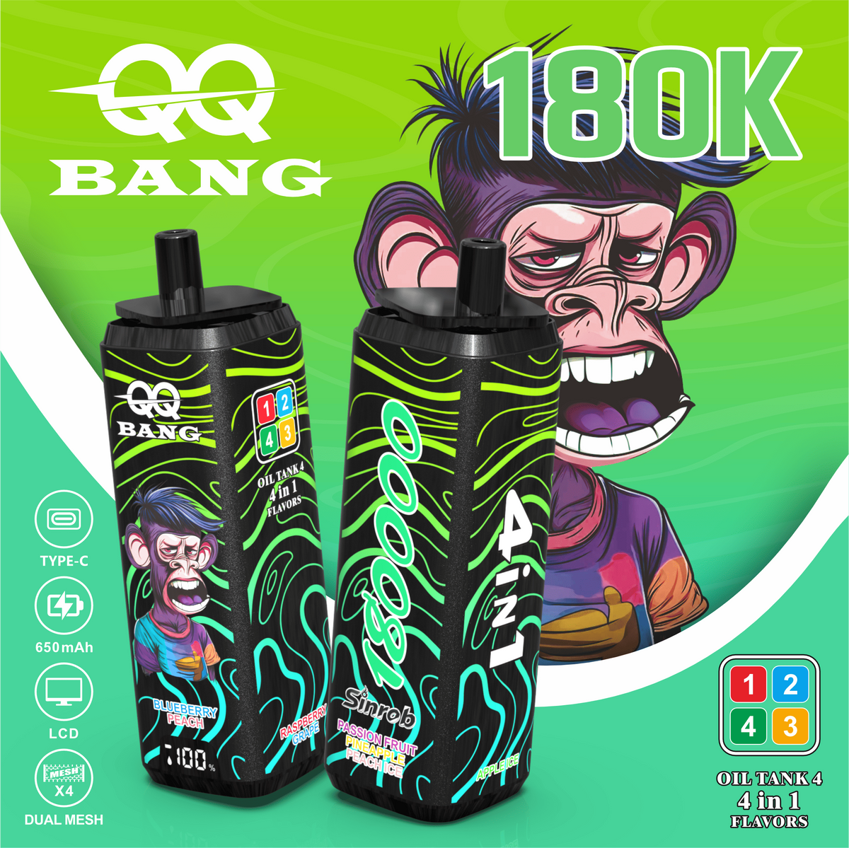 QQ Bang 180000 180K Puffs 4 In 1 Flavors LCD Display Rechargeable Disposable Vape