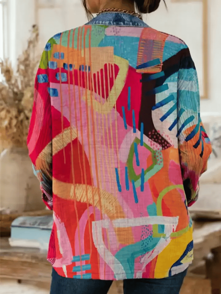 Ethnicity Colorful Geometry Abstract Women's Casual Long Sleeve Comfortable Denim Mix Cardigan
