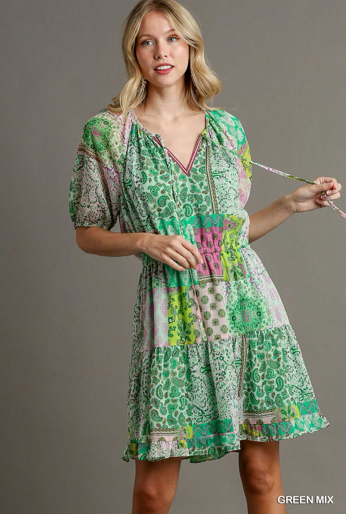 UMGEE Metallic Boho Multi Print Dress Green Mix