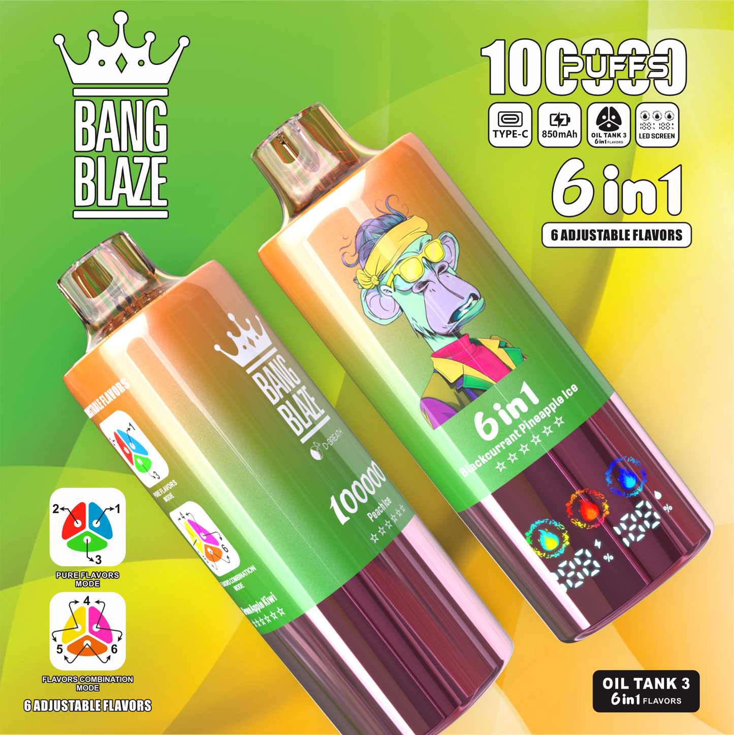 Bang Blaze 100000 100K Puffs 6 in 1 Flavors Newest Original Rechargeable LED Display Disposable Vape