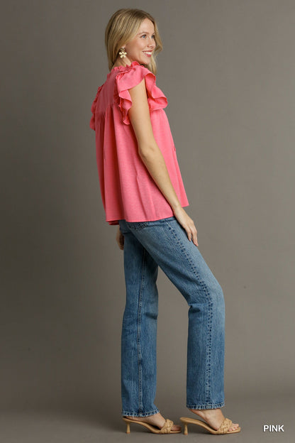 UMGEE Ruffle Sleeve Top Coral Pink