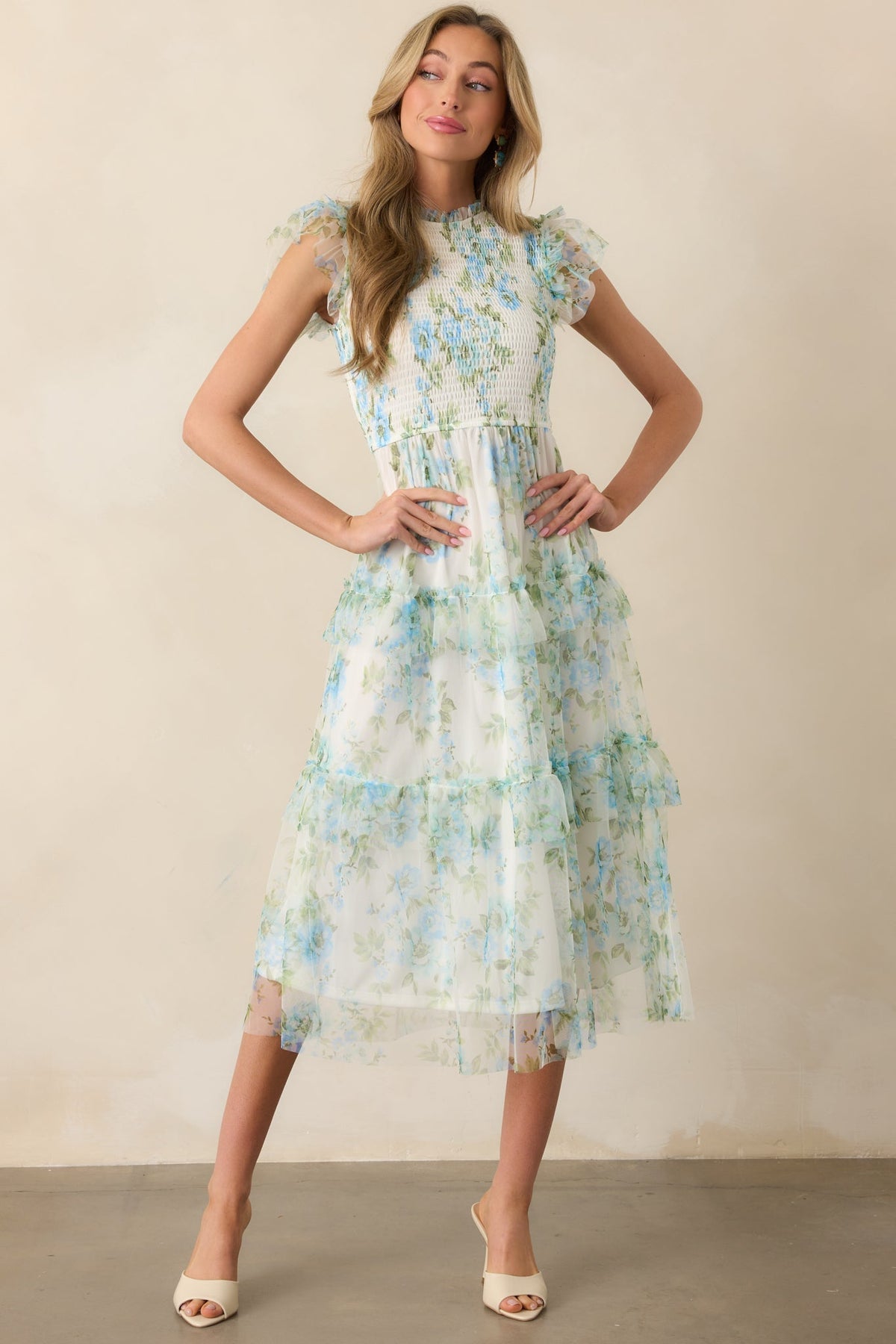 Blue Floral Ruffle Chiffon Dress