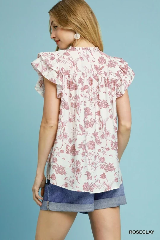 UMGEE Rose Clay Floral Ruffle Sleeve Top