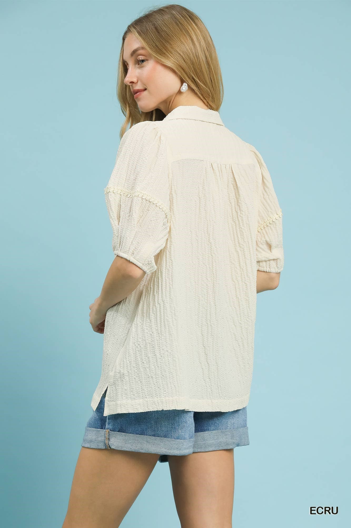 UMGEE Textured Lace Trim Top Ecru