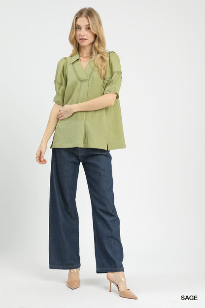 UMGEE Textured Lace Trim Top Sage