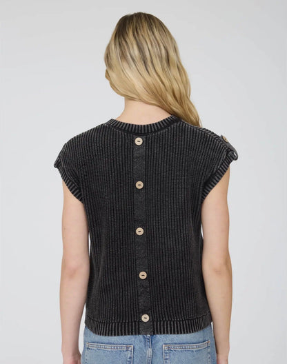 Mineral Washed Button Sweater Top Black