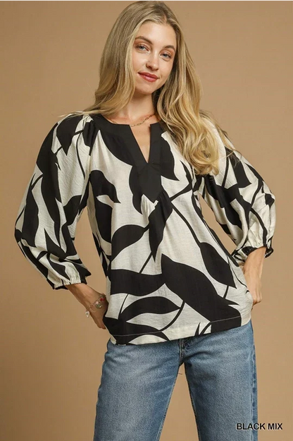 UMGEE Leaf Print Top Black Mix