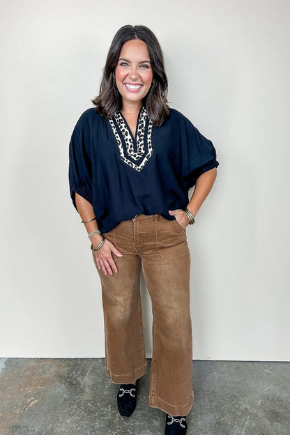 Black Leopard Trim Top