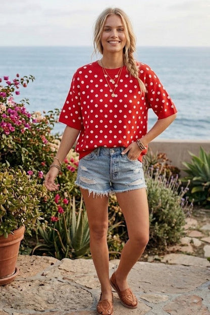 Polka Dot Short Sleeve Sweater Top Red