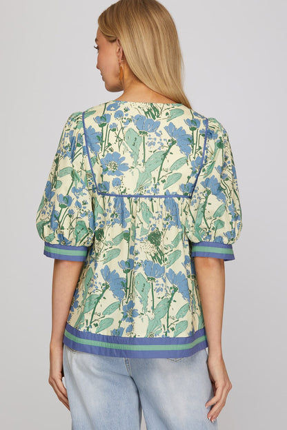 Blue & Green Floral Mix Top