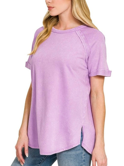 Curved Hem Acid Wash Tee Lavender