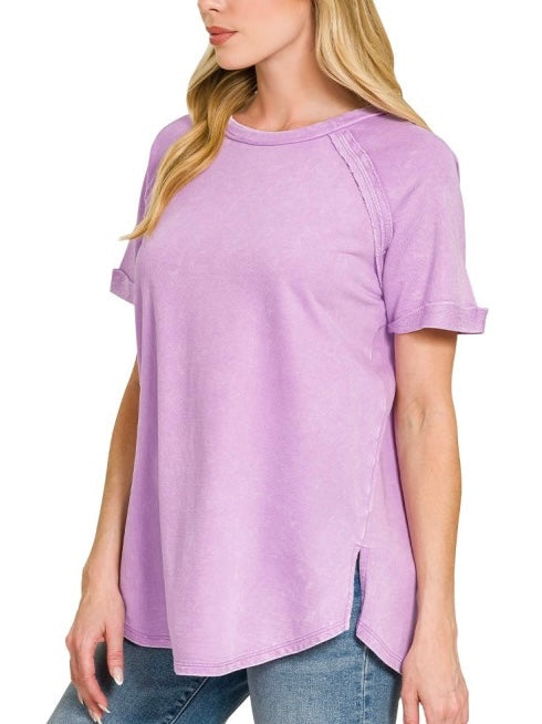 Curved Hem Acid Wash Tee Lavender