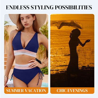 🔥 Hot Sale! High Waisted Tummy Control Bikini Set 🌴 Color Block Summer Swimwear ✨ Flattering & Trendy