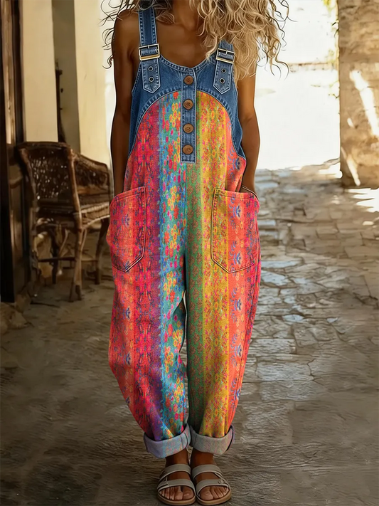 Women's Bohemian Colorful Floral Collage Art Print Patchwork Denim Overalls