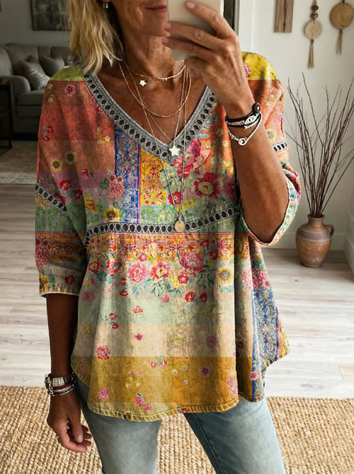 Women's Floral Pattern Art Print Casual V-neck Lace-up Top