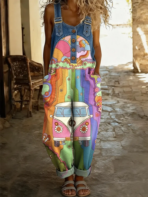 Women's Hippie Peace Car Art Print Patchwork Denim Overalls
