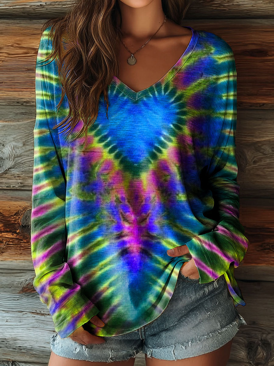 Women's Colorful Love Heart Tie Dye Art Print Casual V-neck Long Sleeve T-shirt