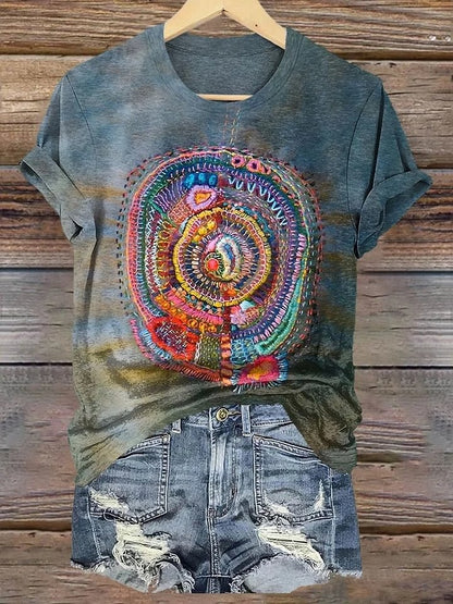 Unisex Vintage Line Embroidery Printed Casual Loose Short Sleeve T-Shirt