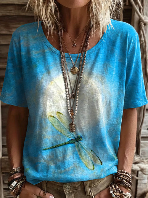 Women's Blue Moon Dragonfly Art Print Casual Crew Neck Short Sleeve Cotton T-shirt