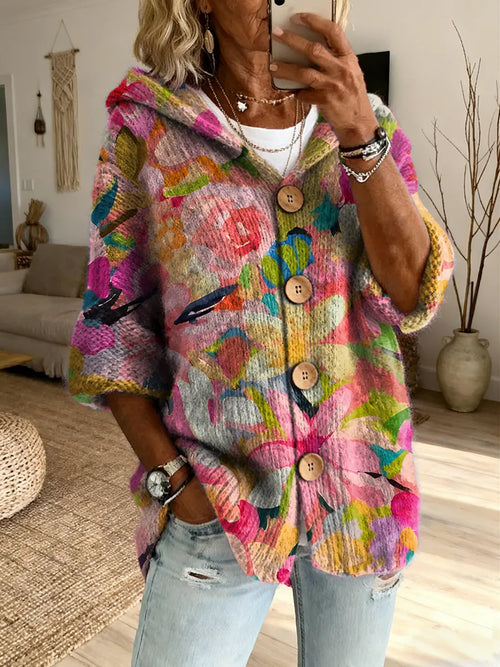 Ethnicity Bohemia Colorful Flowers Women's Art Print Casual Hooded Cardigan Sweater