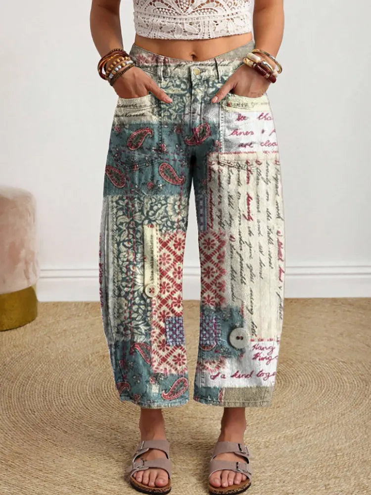 Women's Floral Patchwork Art Print Denim Jeans