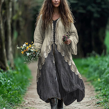 Vintage Lace Hem Layered Flowy Linen Maxi Dress