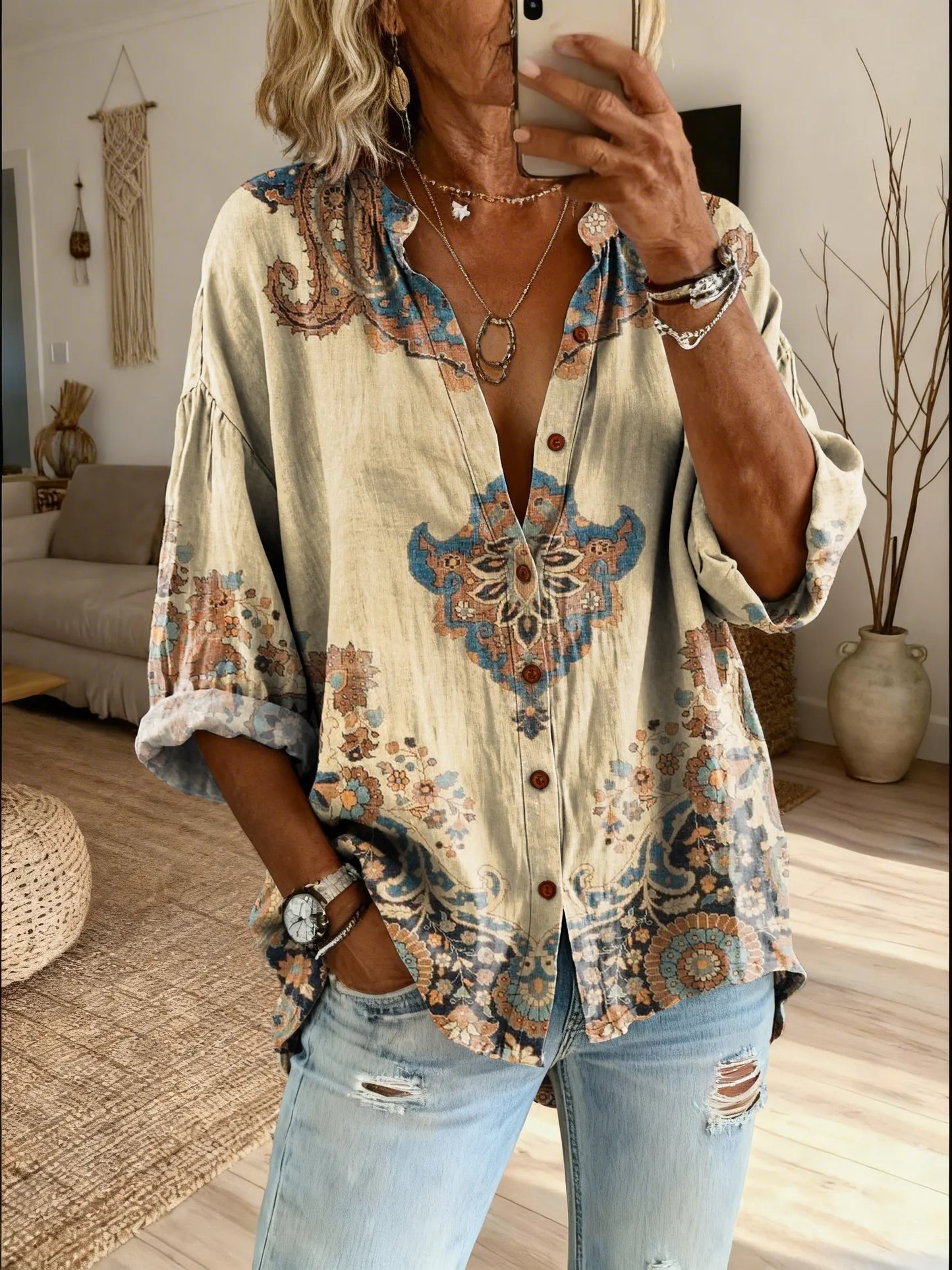 Women's Bohemian Retro Tattoo Floral Art Print Casual Cotton Linen Shirt
