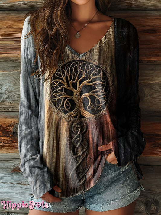 Women's Vintage Tree of Life Pattern Art Print Casual V-Neck Long-Sleeve T-Shirt