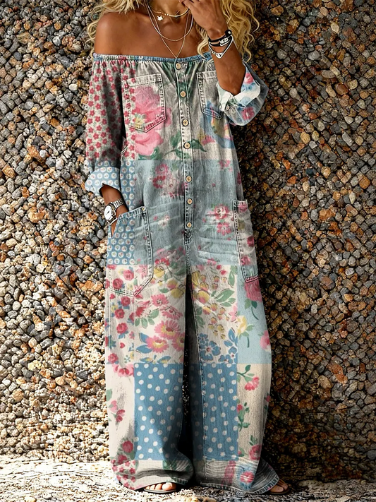 Women's Retro Patchwork Floral Art Print Casual Long-sleeved Washed Cotton Denim Jumpsuit