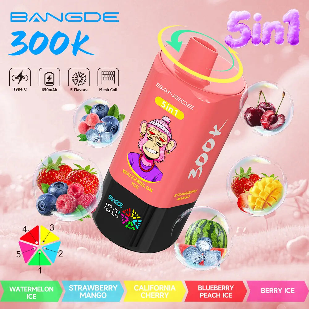 Bang DE 300K 300000 Vape 5-in-1 Flavors Rechargeable LED Display Disposable E-Cigarette