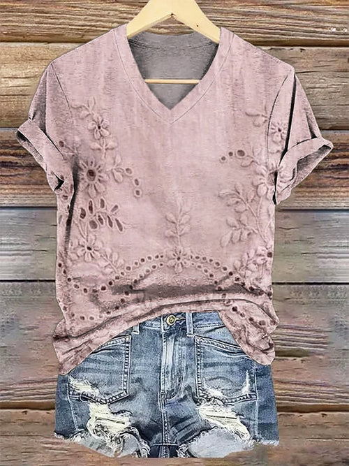 Women's Vintage Floral Texture Patterns Print V-neck Casual T-Shirt