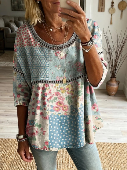 Women's Bohemian Floral Heart Art Print Casual Round Neck Hollow Out Top