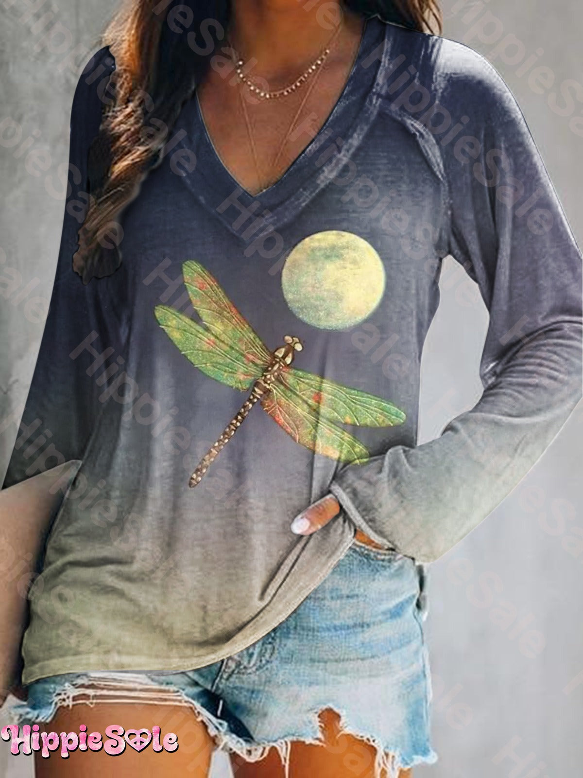 Women's Vintage Dragonfly Moon Art Print Casual Long Sleeve T-shirt