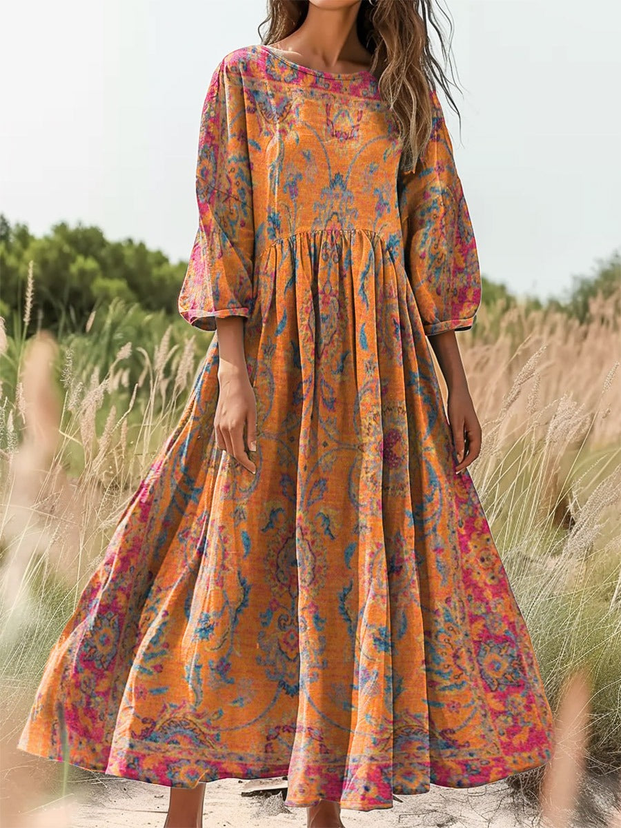 Women's Retro Ethnic Totem Art Pattern Print Pocket V-neck Cotton Dress
