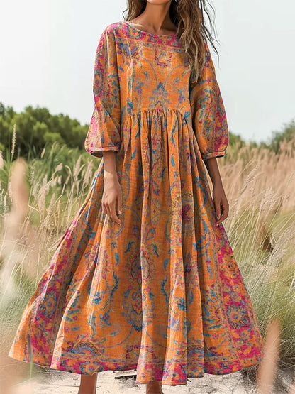 Women's Retro Ethnic Totem Art Pattern Print Pocket V-neck Cotton Dress
