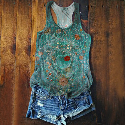 Women's Vintage Floral Art Print V-neck Casual T-Shirt-1