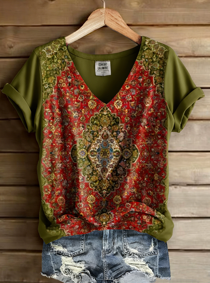 Vintage Ethic Print V-neck Casual T-Shirt