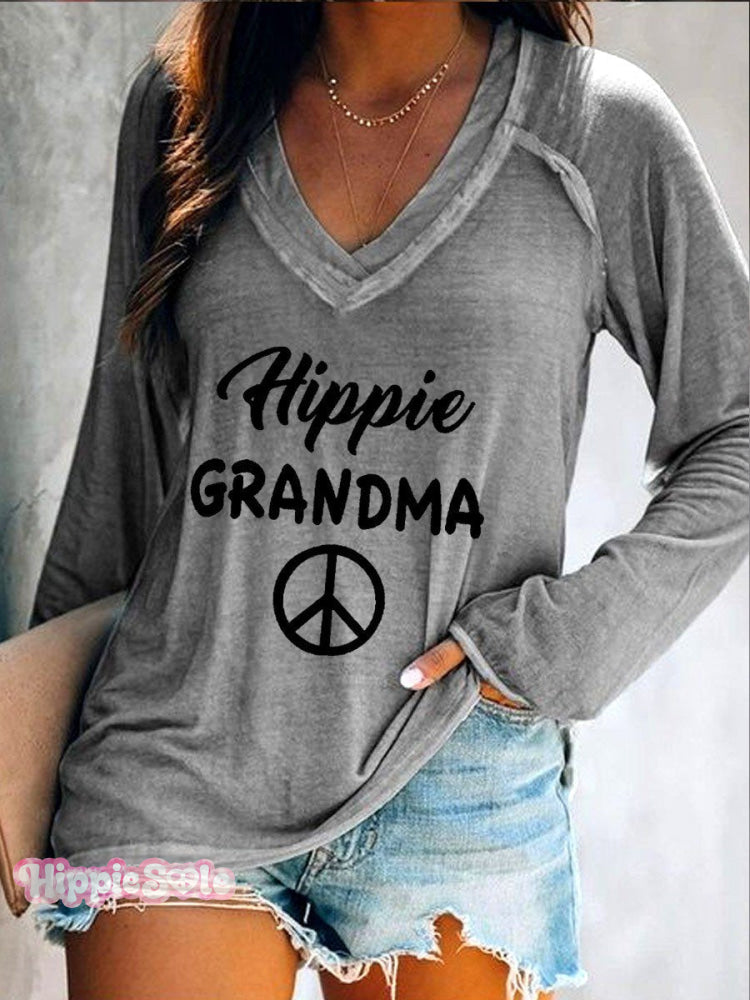 Women's Hippie Grandma Peace And Love Casual Long Sleeve V-Neck T-Shirt