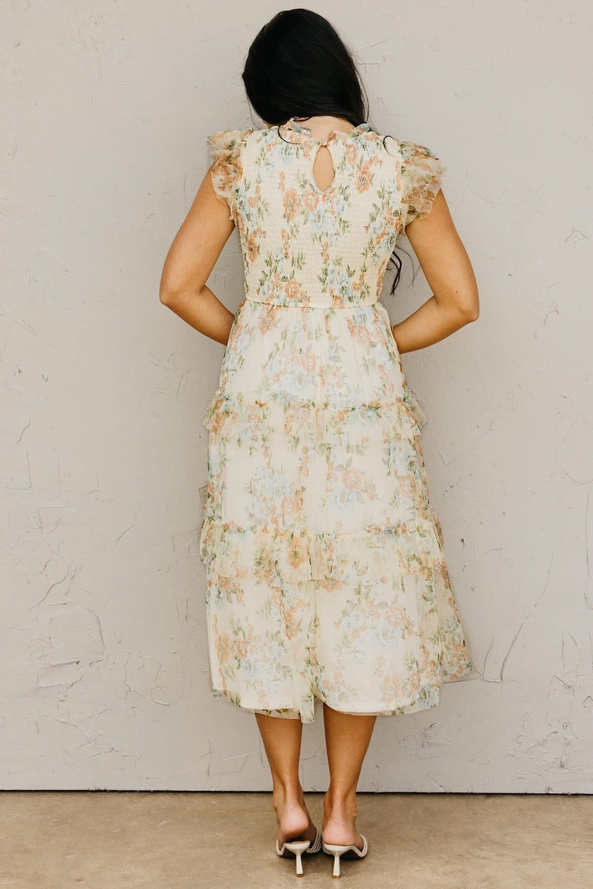 Pale Yellow Floral Ruffle Chiffon Dress
