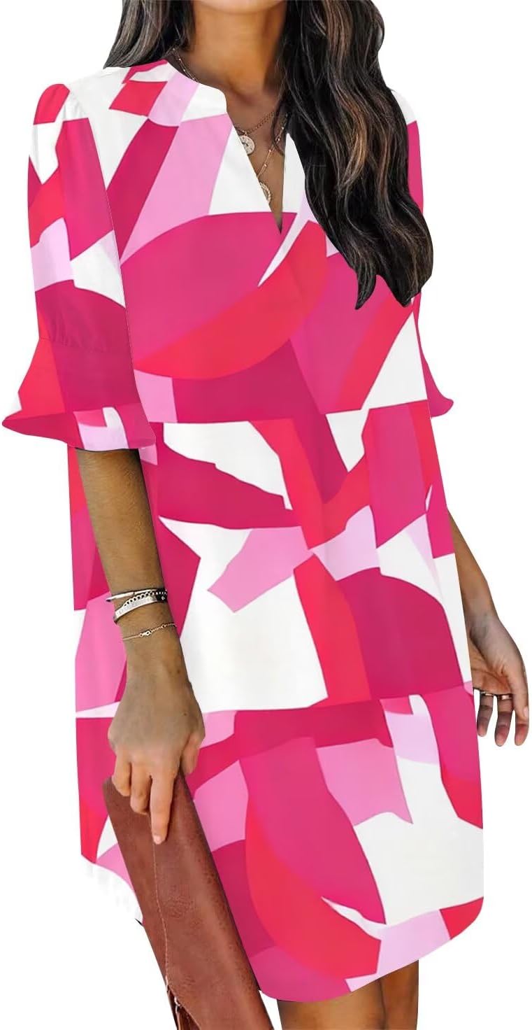 Summer Dresses for Women V Neck Ruffle Short Sleeve Shift Dress