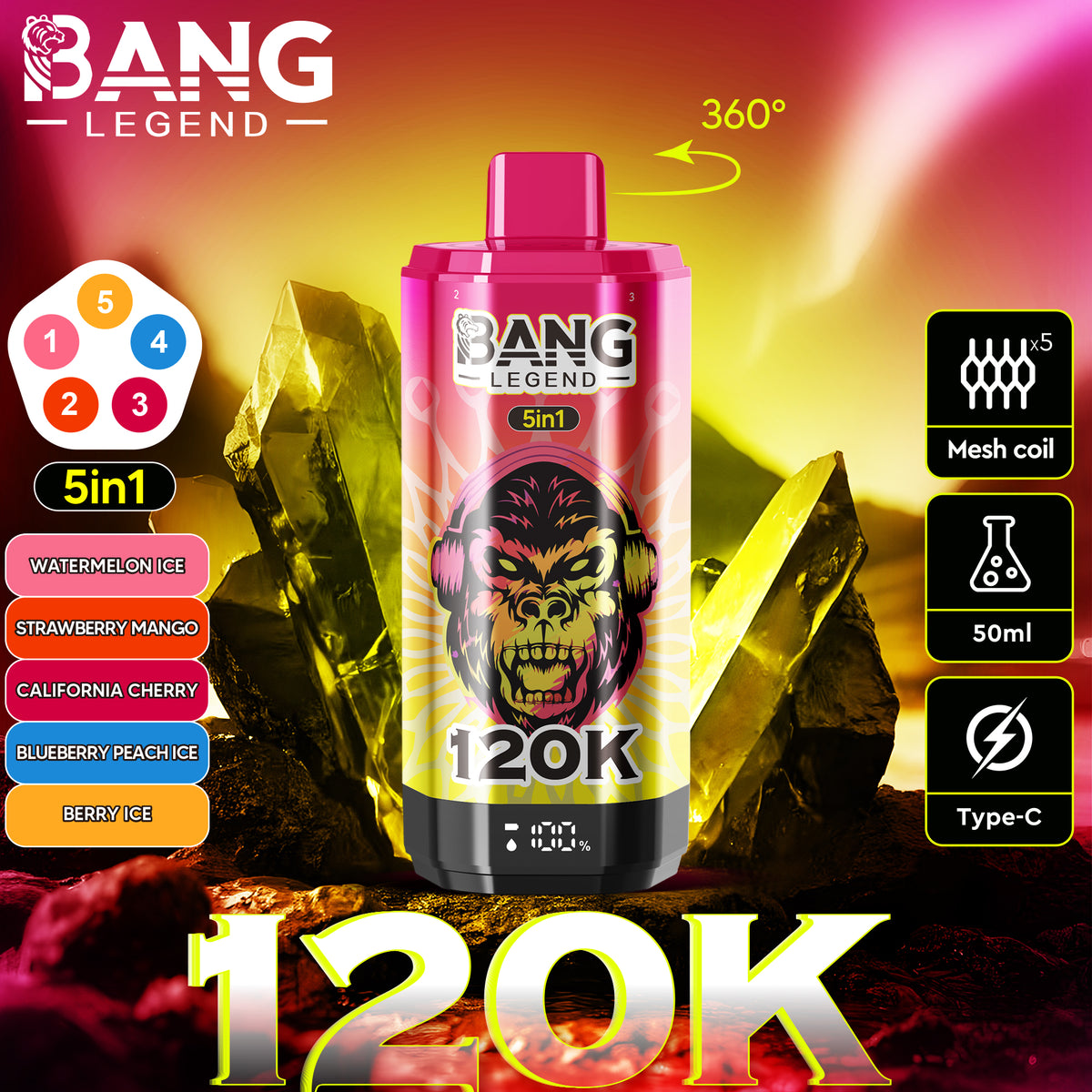 Bang Legend 120000 120K Puffs 5 in 1 Flavors Newest Original Rechargeable LCD Display Disposable Vape