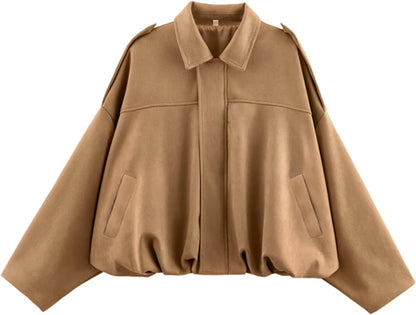 Womens Faux Suede Bomber Jacket Oversized Long Sleeve Cropped Coat