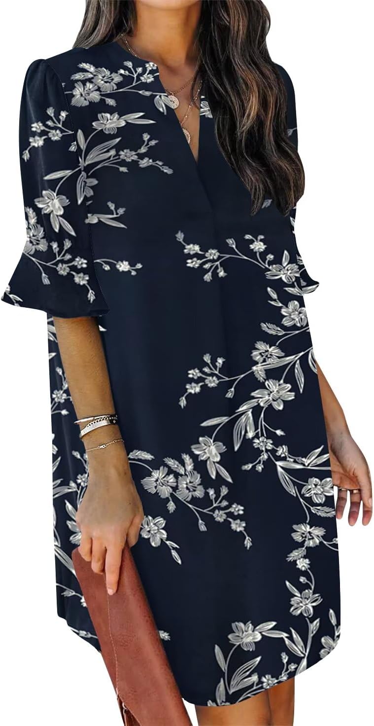 Summer Dresses for Women V Neck Ruffle Short Sleeve Shift Dress