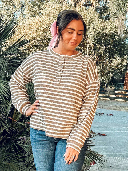 Textured Stripe Henley Top Taupe