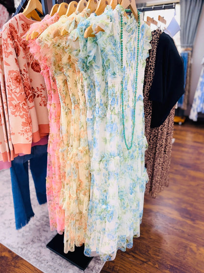 Blue Floral Ruffle Chiffon Dress
