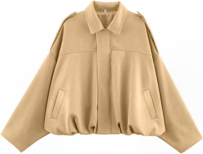 Womens Faux Suede Bomber Jacket Oversized Long Sleeve Cropped Coat