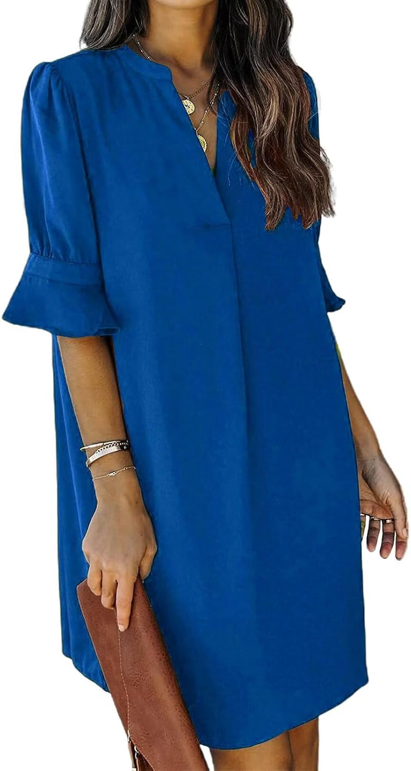 Summer Dresses for Women V Neck Ruffle Short Sleeve Shift Dress