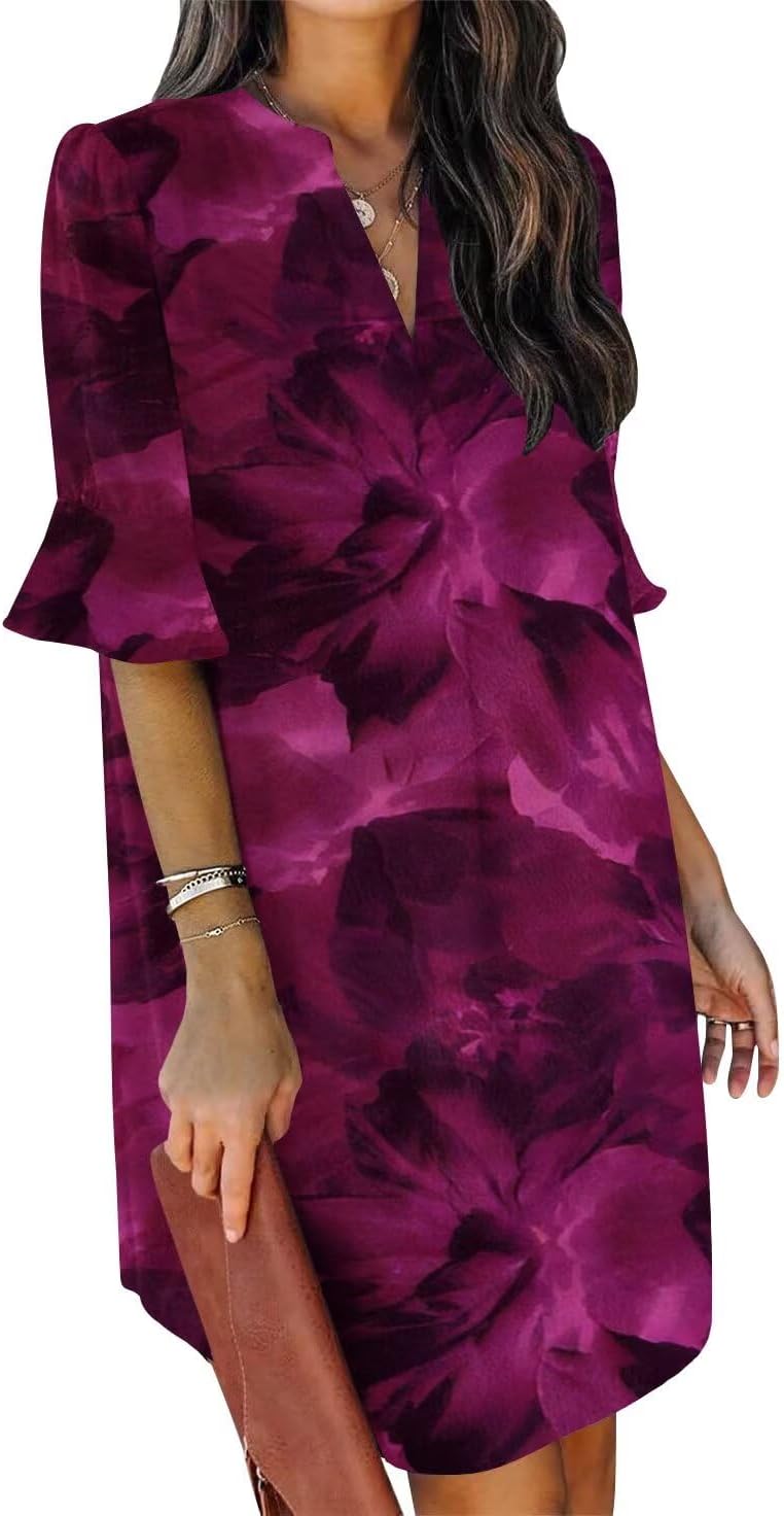 Summer Dresses for Women V Neck Ruffle Short Sleeve Shift Dress