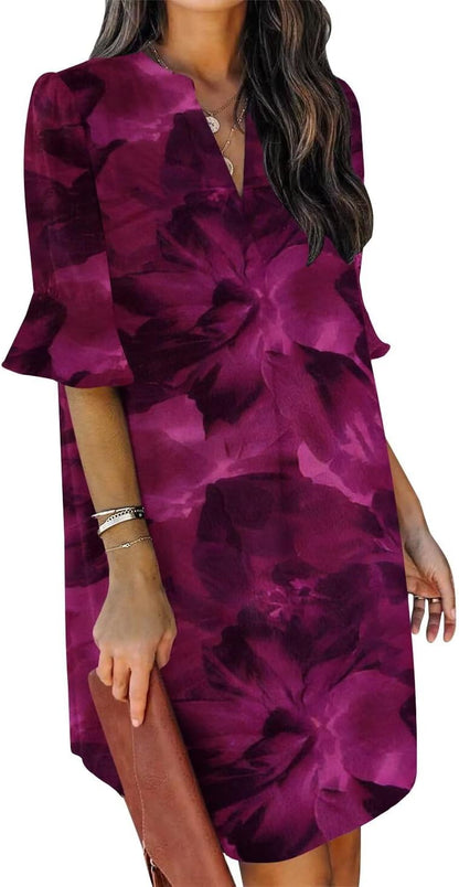 Summer Dresses for Women V Neck Ruffle Short Sleeve Shift Dress